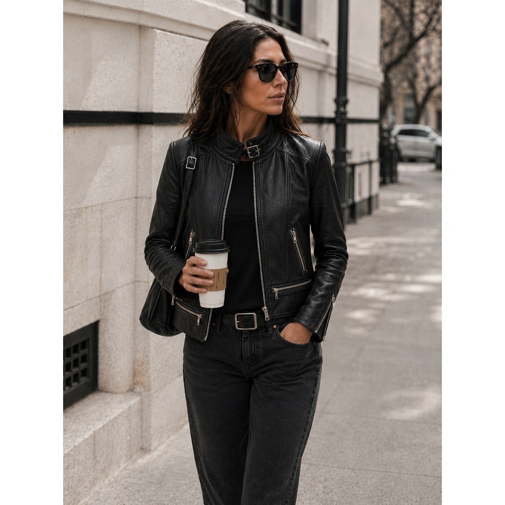 Wilsons VINTAGE USA Leather Biker Jacket Women L Black Moto Asymmetrical Zip